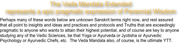 The Veda Mandala Extended
represents a epic pragmatic expression of Perennial Wisdom
Perhaps many of these words below are unknown Sanskrit terms right now, and rest assured that all point to insights and ideas and practices and protocols and Truths that are exceedingly pragmatic to anyone who wants to attain their highest potential, and of course are key to anyone studying any of the Vedic Sciences, be that Yoga or Ayurveda or Jyotisha or Ayurvedic Psychology or Ayurvedic Chefs, etc.  The Veda Mandala also, of course, is the ultimate YTT.